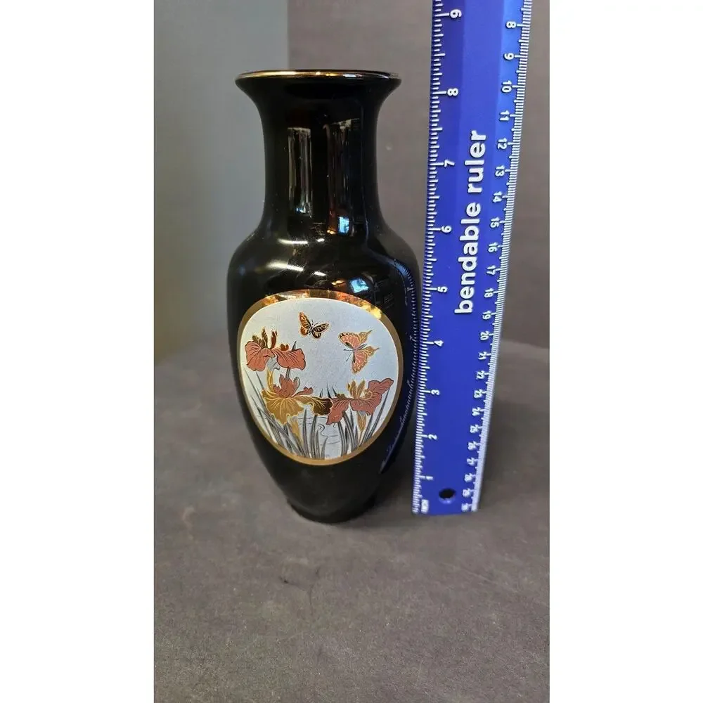 Vintage Fine China Floral Butterfly Vase Black Porcelain Japan Copper Gold Tone